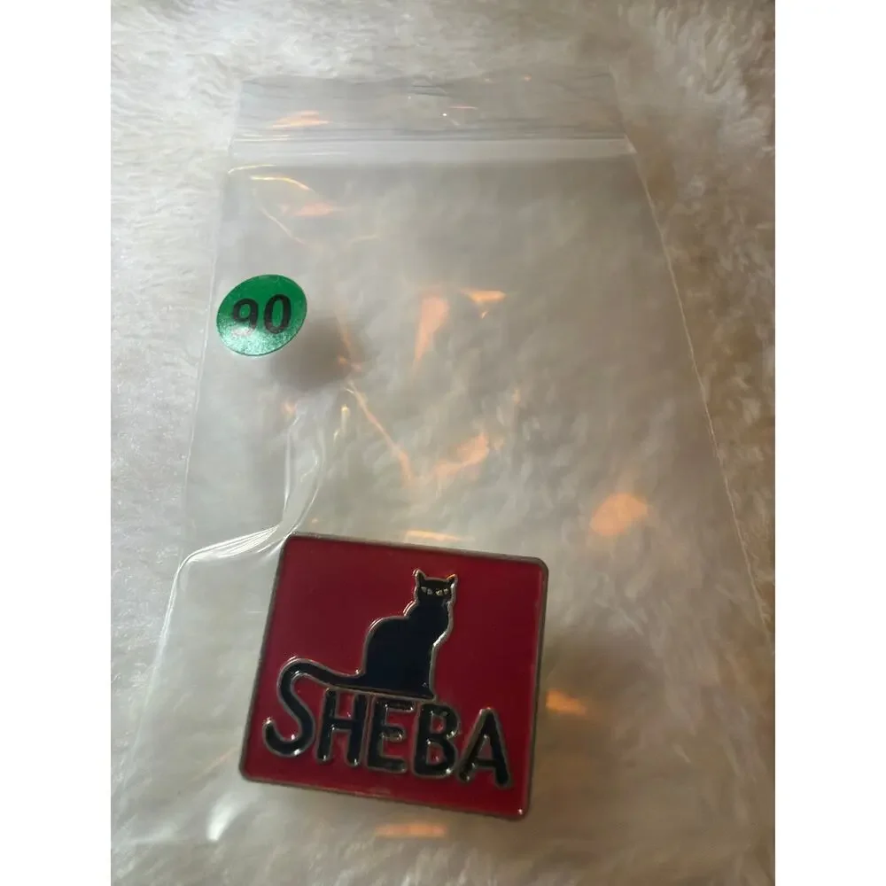 Vintage SHEBA Cat Food Advertising Enamel Lapel Pin Black Cat Red Promo Badge